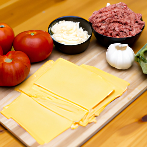 A selection of fresh ingredients needed to make Dutch oven lasagna, including lasagna noodles, ground beef, tomatoes, and cheese.