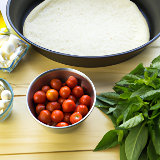 Fresh ingredients for making Dutch oven pizza, including mozzarella, tomatoes, and basil.