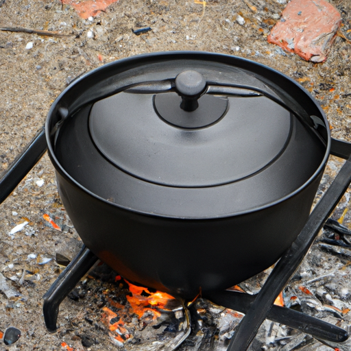 A close-up of a Dutch oven placed over a campfire, showcasing the rustic and adventurous nature of outdoor cooking.